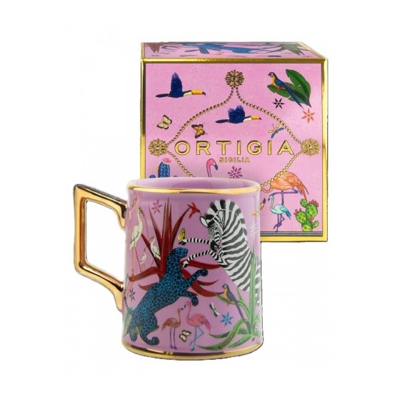 Ortigia Tazza Jungle Rosa - Tazza in ceramica pregiata decorata a mano