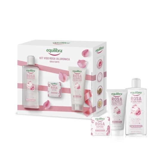 Equilibra Kit Viso Rosa Ialuronica Idratante Acqua Pura Rinfrescante + Crema Viso Idratante + Sapone Vegetale
