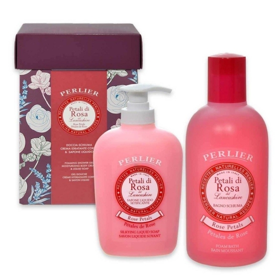 Perlier Petali di Rosa del Lancashire Bagno Schiuma 500 ml + Sapone Liquido 300 ml Cofanetto