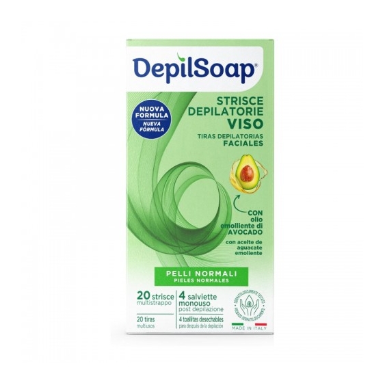 Depilsoap 20 Strisce Depilatorie Viso Per Pelli Normali + 4 Salviette Monouso