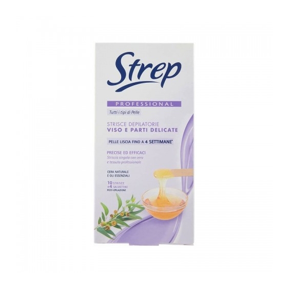 Strep Strisce Depilatorie Viso E Parti Delicate 10 Strisce + 4 Salviette Post-Epilazione