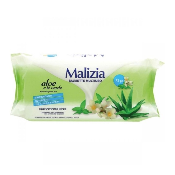 Malizia Salviette Multiuso Detergenti E Rinfrescanti Con Aloe E Tè Verde72 Pezzi