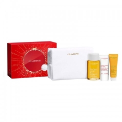 Clarins Cofanetto Huile Tonic - Olio corpo 100 ml + Esfoliante 30 ml + Balsamo corpo 30 ml + Pochette