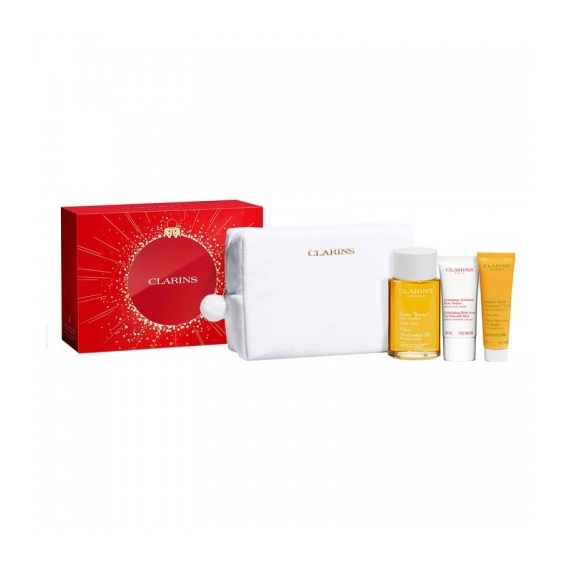 Clarins Cofanetto Huile Tonic - Olio corpo 100 ml + Esfoliante 30 ml + Balsamo corpo 30 ml + Pochette