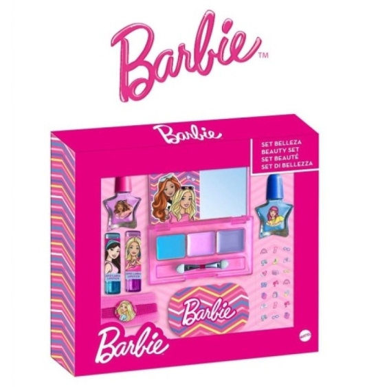 Barbie Palette Ombretti + 2 Smalti + 2 Stick Labbra + 3 Elastici Per Capelli + Lima Per Unghie + Adesivi Unghie