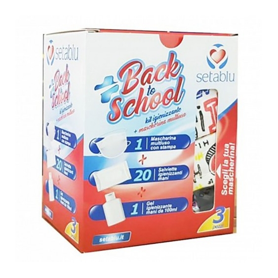 Setablu Back To School - Igienizzante Mani 100 Ml + Mascherina Multiuso + 20 salviette igienizzanti