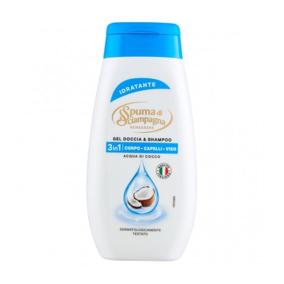 Spuma Di Sciampagna Acqua di Cocco Idratante - Gel doccia e Shampoo 3 in 1 Corpo Capelli e Viso 250 ml