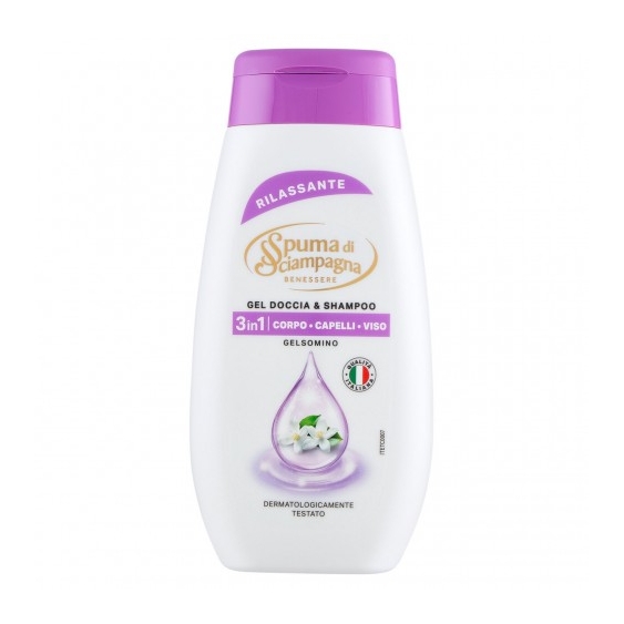 Spuma Di Sciampagna Gelsomino Rilassante - Gel doccia e Shampoo 3 in 1 Corpo Capelli e Viso 250 ml